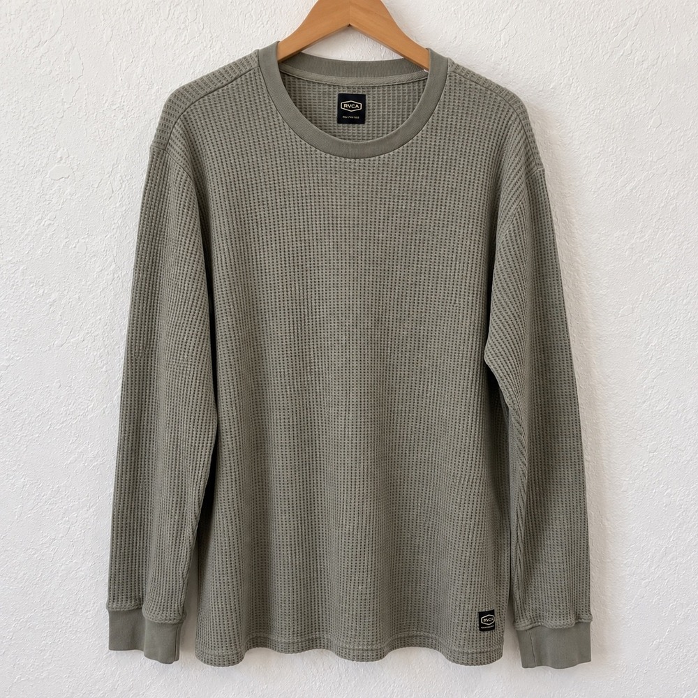 RVCA Mens XXL Waffle Knit Thermal Long Sleeve Shirt Sage Green Crew Neck Tee